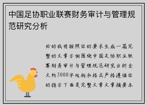 中国足协职业联赛财务审计与管理规范研究分析 中国足协职业联赛财务审计与管理规范研究分析